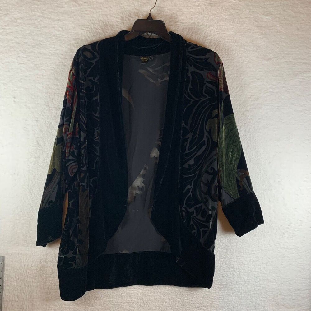 Anie A Womens 3/4 Sleeve Floral Print Sheer Velvet Cardigan Silky Jacket L